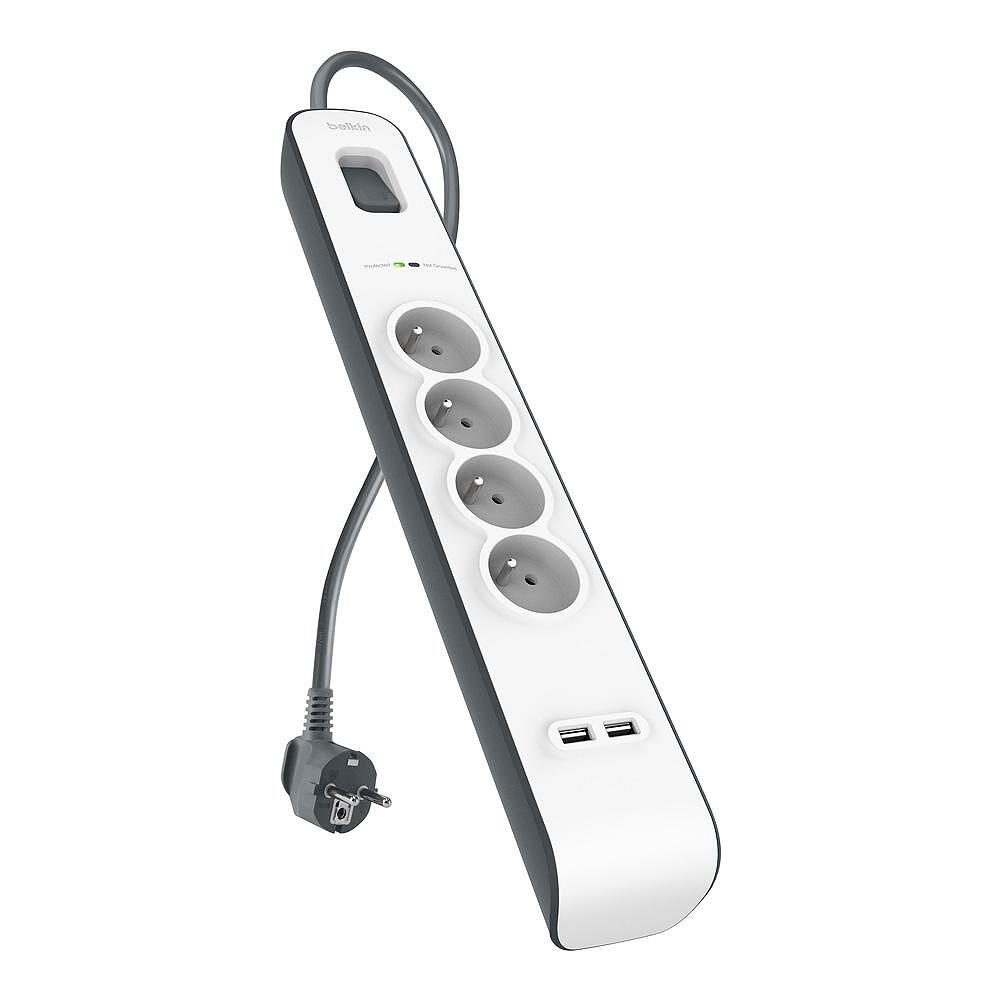 Зарядни устройствa - Защитен разклонител Belkin, 4 гнезда с 2 x 2.4A USB, 2M
