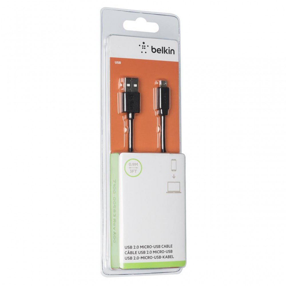 USB кабели - Кабел Belkin USB 2.0 A към Micro B 0.9M, Черен