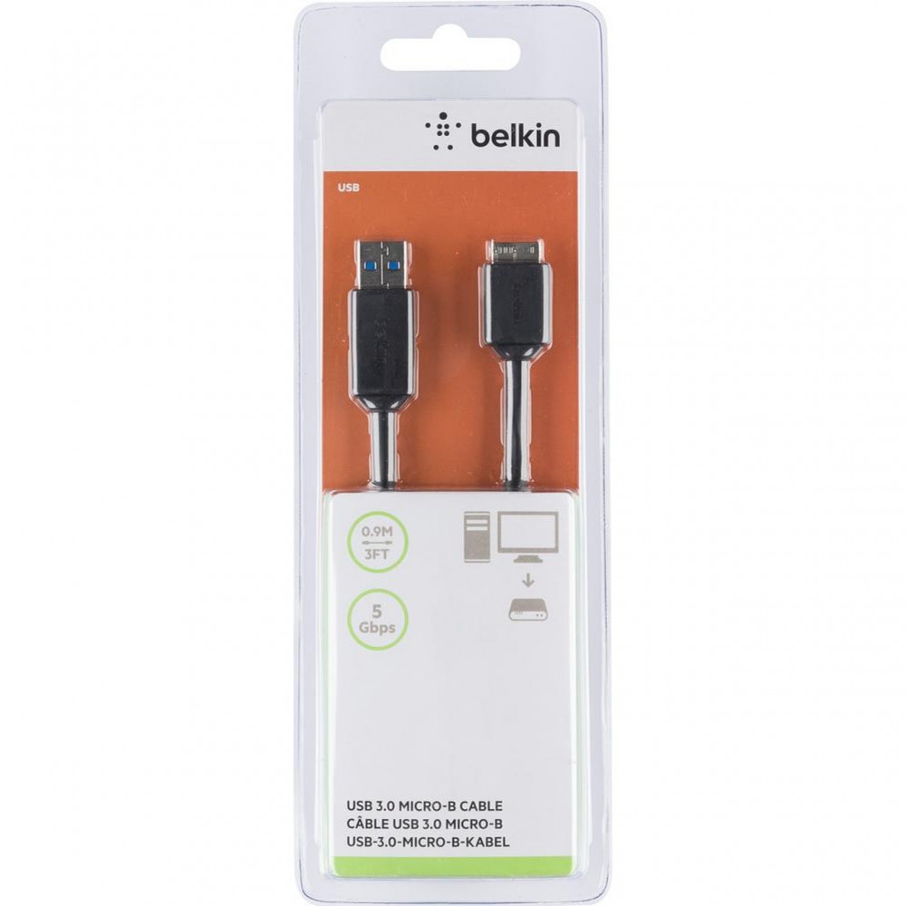 USB кабели - Кабел Belkin USB3.0 A към Micro B 0.9M, Черен