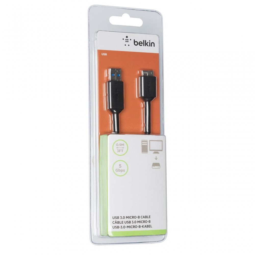 USB кабели - Кабел Belkin USB3.0 A към Micro B 0.9M, Черен