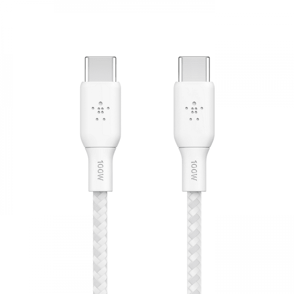 USB кабели - Кабел с оплетка Belkin BoostCharge 100W, USB-C към USB-C 2M, Бял