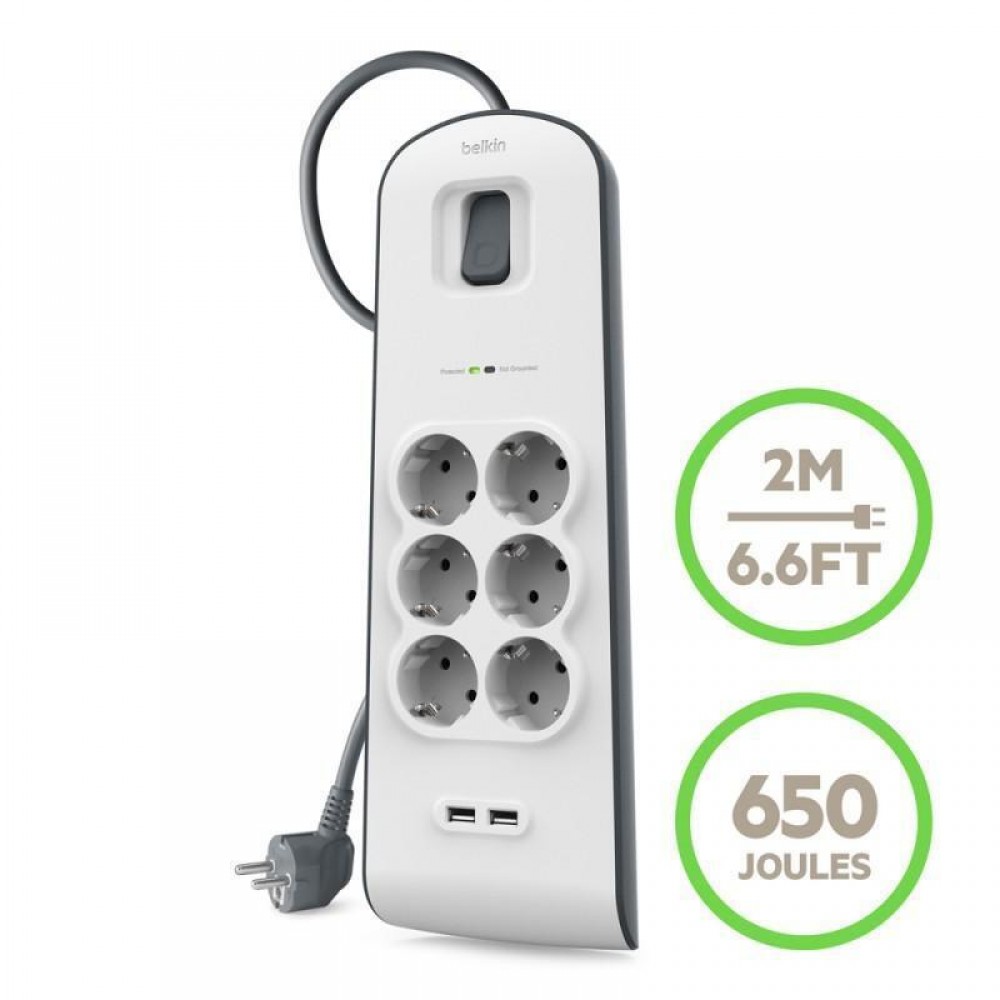 Зарядни устройствa - Защитен разклонител Belkin, 6 гнезда, 650J, 2M, 2 USB-A порта 2.4A/12 W