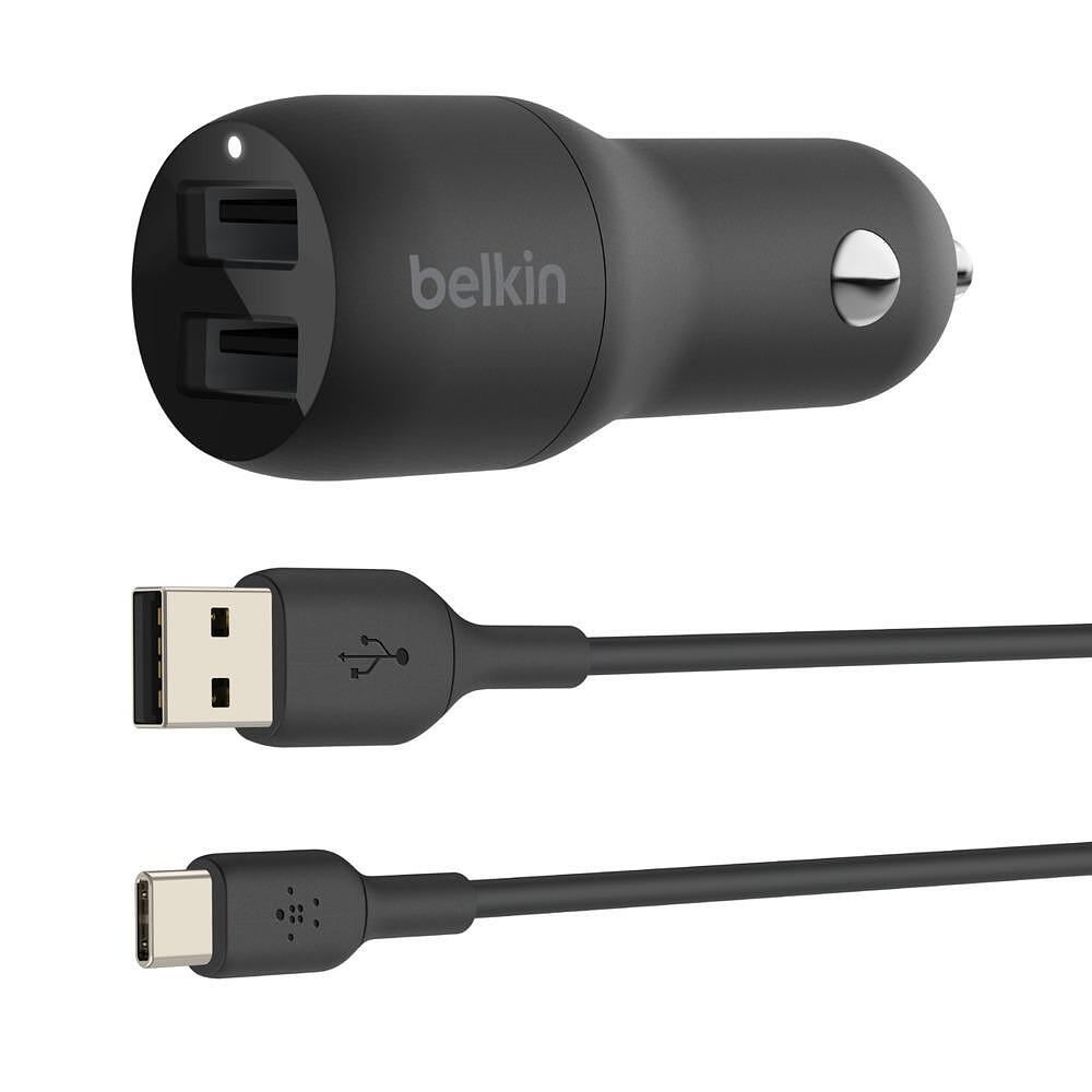 Зарядни устройствa - Зарядно за кола Belkin BOOST CHARG Dual USB-A 24W с USB-A to USB-C Cable, Черен