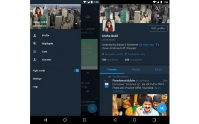 Twitter с опция „Нощен режим“ за Android.