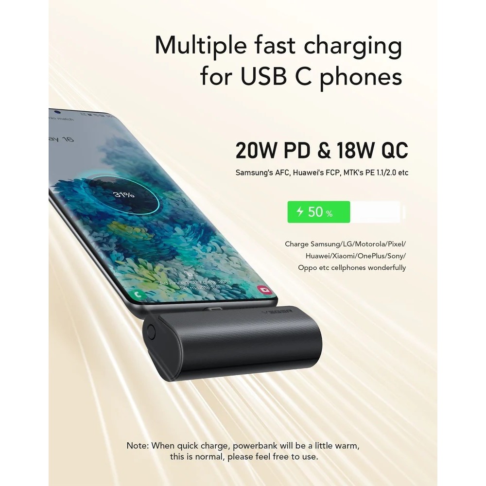 [parent_category] -  - Външна батерия VEGER 5 000 mAh с вграден конектор Type C PD QC3.0 3A 20W PlugOn (W0556)